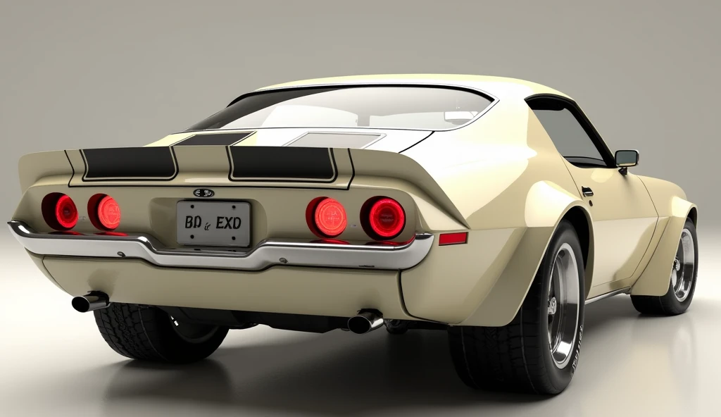 Create a 3D render of a car design featuring the 1970 Chevrolet Camaro RS Z28. The car should be viewed from the Back  in Shine Cream. Include a [Brand Logo] prominently on the Back. The headlights should be White,. The license plate should RS Z28. The car...