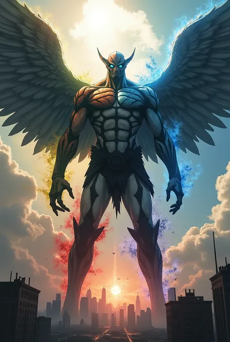  Make an immense titan with imposing wings made of original titans with water power, Earth, fire, Rays, winds and being the most powerful of the original Titans , Attack on Titan style , Destroying the city of New York