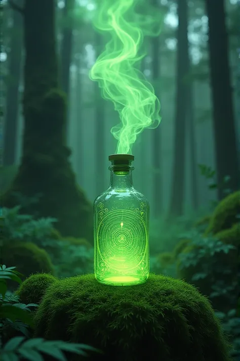 Glass jar emitting green smoke in the middle of the forest 