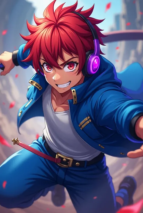 demon slayer style, 24 year old boy, cool, swordsman, Red hair, Chaqueta azul,  long blue pants,  elegant lenses ,  mischievous smile , epic anime,  purple headphones  