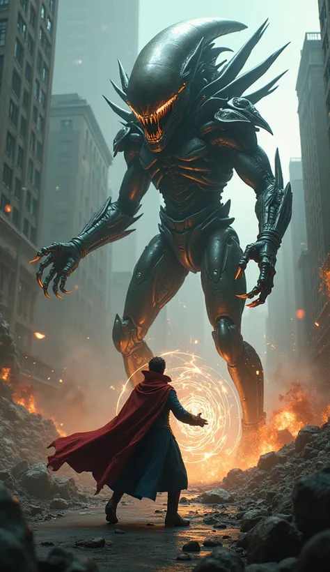 An intense battle scene in a post-apocalyptic cityscape. Doctor Strange stands defiantly in a striking pose, wielding his mystical powers against a towering hybrid creature that combines the menacing aesthetics of a Xenomorph and Predator. The aliens sleek...