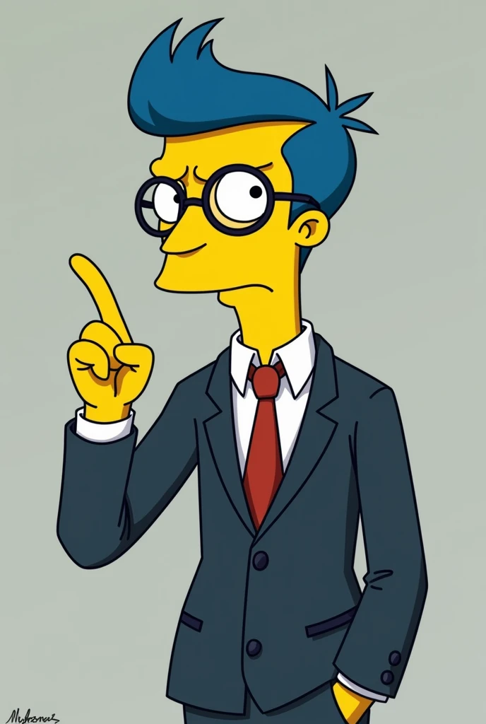 a photo of Milhouse Van Houten posing in a suit pointing to the number 4 with her hand