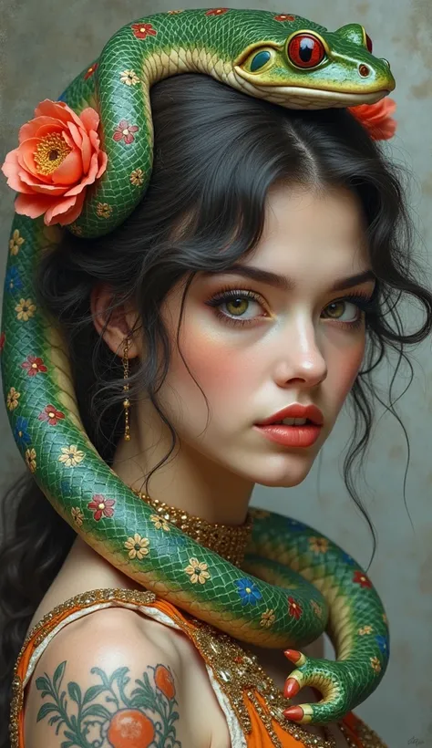 Rococo, Art Nouveau and Fauvism, colored oil and acrylic combined with wet colors create a ,female warrior, with snake in soft colors [color], [color], [color], view from the frogs position on her figure. BG, HD, very detailed, hyperrealistic, close up vie...