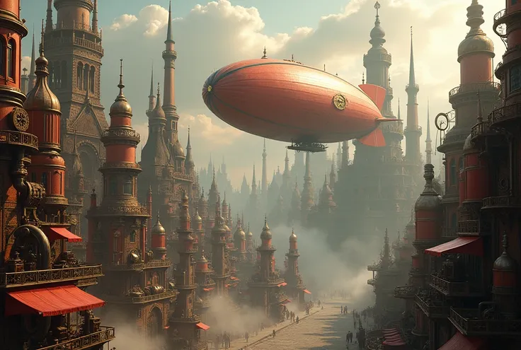 a steampunk city, ((clockwork aesthetic)), pipes, steam, airship, red and gold