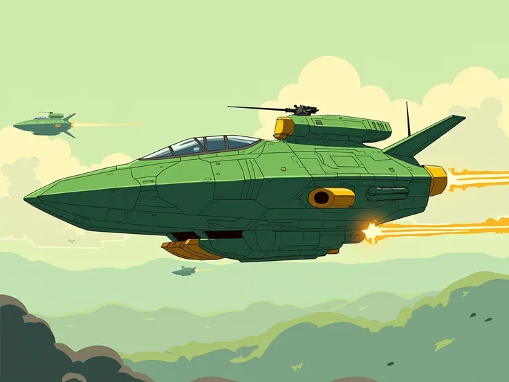 A light war vehicle colored green and yellow, in a battle. The style is futuristic anime. The setting is clean and minimal, no text or symbols. The colors are flat and stylized, resembling traditional anime aesthetics, with clean lines and bold shading.