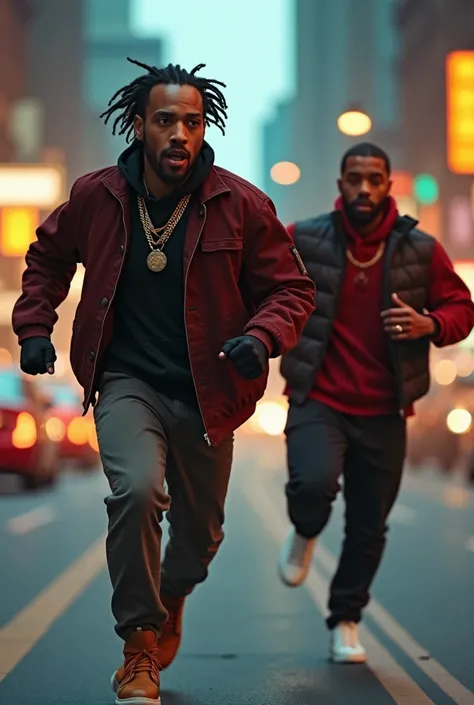 photorealistic, (dynamic action scene) Kendrick Lamar energetically chasing Drake, both artists showing intense expressions, urban setting in the background with city streets blurred, vibrant hues capturing the excitement, (dramatic motion) vivid details r...