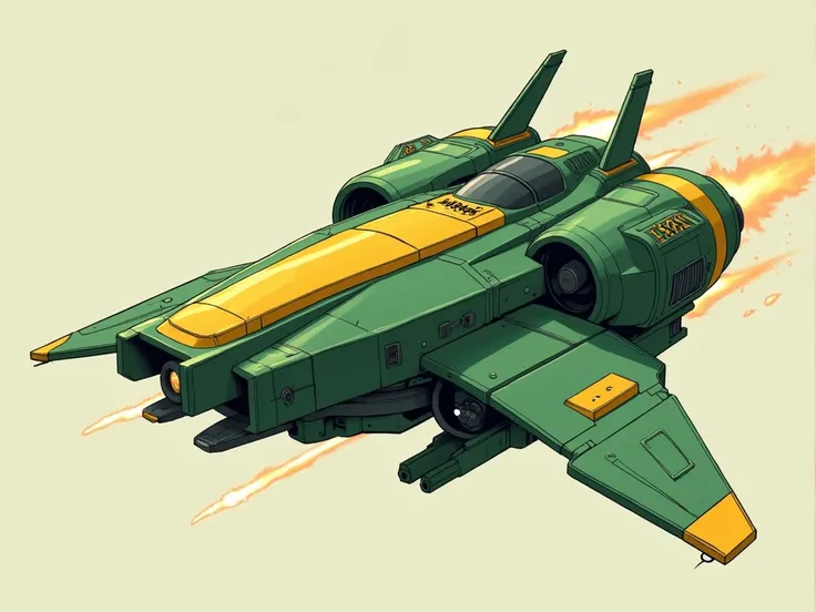 A light war vehicle colored green and yellow, in a battle. The style is futuristic anime. The setting is clean and minimal, no text or symbols. The colors are flat and stylized, resembling traditional anime aesthetics, with clean lines and bold shading.