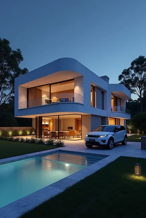  Make me a nighttime image of a house concept that has some curves but is also mostly inspired by modern architecture,  that has materials such as ceramic brick , concrete and white colors ,  with a pool and a Range Rover   