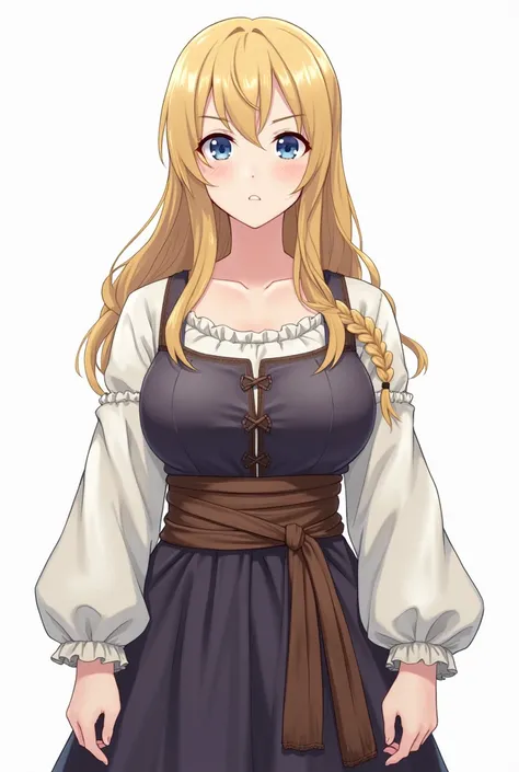 (masterpiece, top quality, best quality, very detail), anime style, 35-year-old women from medieval age, front facing, cold facial expression, blue eyes, full body, blonde hair color, single braids on the side, casual medieval dress, big breast, beautiful ...