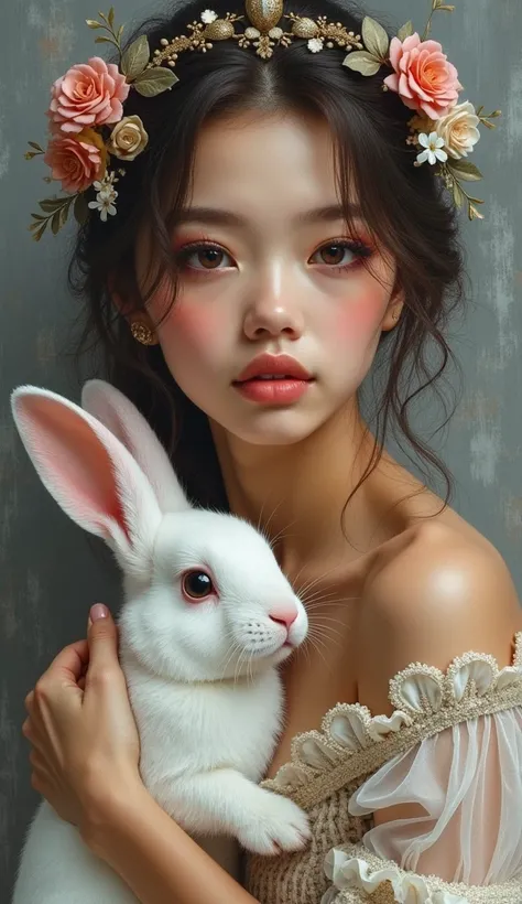 Rococo, Art Nouveau and Fauvism, colored oil and acrylic combined with wet colors create a ,female warrior, with cute bunny in soft colors [color], [color], [color],. BG, HD, very detailed, hyperrealistic, close up view, all view, model pose, flawless make...