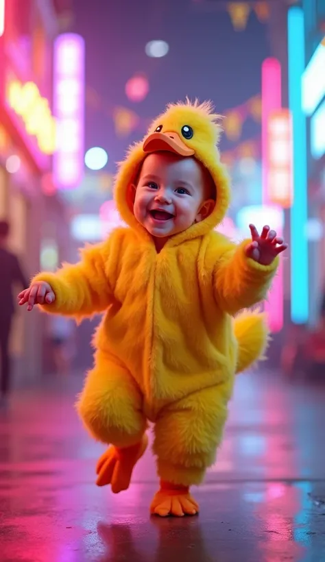 A happy baby jumping cheerfully in a duck costume dancing in a place with neon lights realistic image