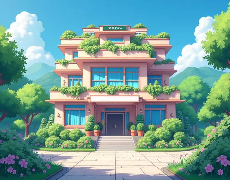 `hospital building, inspired by senior environment artist, pixiv, maximalism, (so many plants), soft cute colors, detailed wide shot, Kyoto Animation Studio anime style 4 k, serene illustration --ar 16:9 --niji`