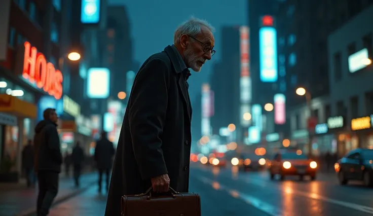  Old Man, walking in the city, night atmosphere,