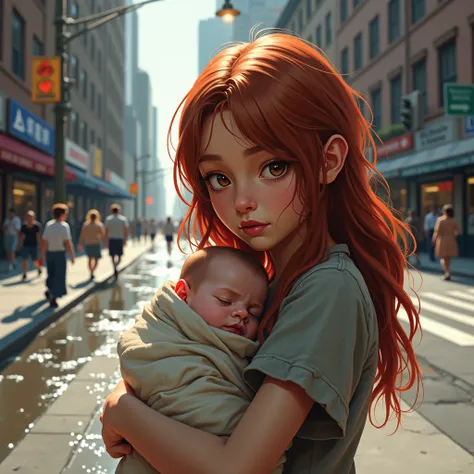 A modern, realistic digital painting of a beautiful homeless girl with reddish-brown hair, wearing a worn and tattered dress, sitting in a modern New York City setting while holding a baby in her arms. The girls eyes are meaningful and emotional, looking s...