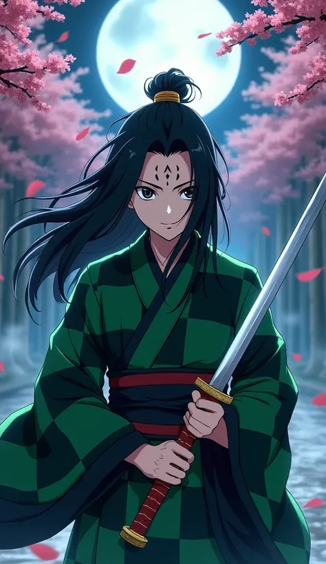 "Nezuko Kamado from the anime Kimetsu no Yaiba in 8K ultra realistic,  with its characteristic haori of green and black squares ,  holding his Nichirin sword with precise details and realistic textures .  His expression reflects determination and compassio...