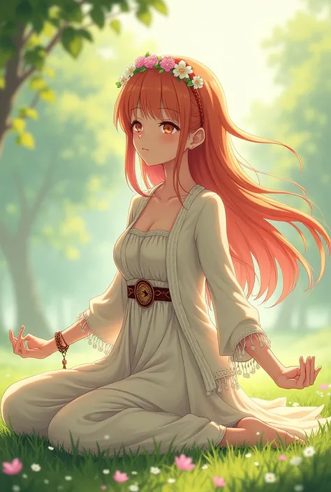 Anime Asuna Yuuki orange eyes she wears a hippie dress with belt and white hippie knit jacket she does yoga she wears a hippie headband with flowers 