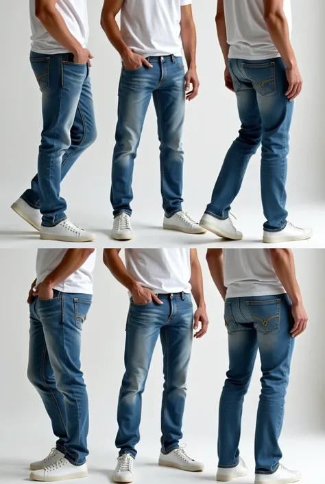 Regular fit mens jeans and white shoes worn on a live model taken from many angles 