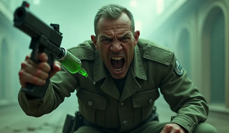 A military man in a chair screaming with a syringe of green liquid in his arm and a futuristic gun in his other hand. 