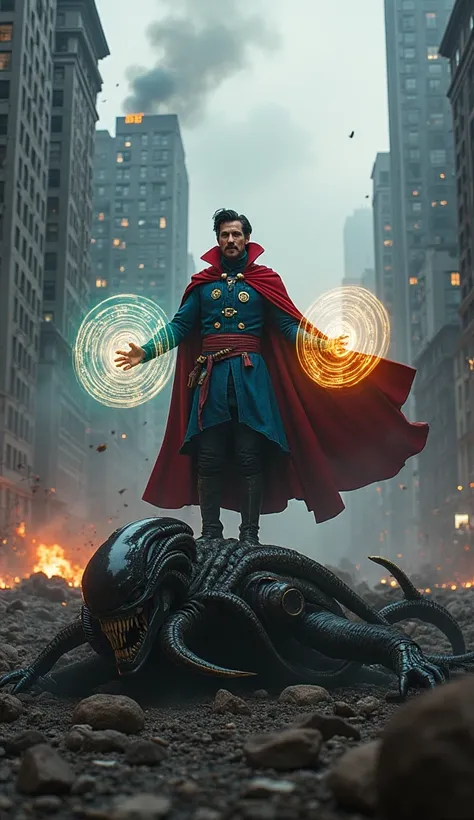 A dramatic battle scene set in a post-apocalyptic cityscape. Doctor Strange stands victoriously, his mystical cloak billowing as glowing magical sigils float around him, signifying the end of an intense duel. Before him lies a defeated alien creature, a te...