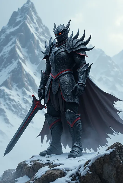 Make an armor inspired by a black dragon with crimson details while holding a black European longsword with crimson details in the middle of the snowy peaks of a mountain.