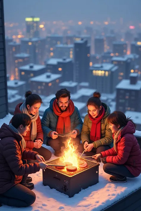 Six young men and women eat grilled meat on the roof of a building in the cold winter