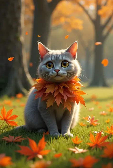 This same grey cat has been sticking orange and black leaves to its body, perhaps next to a tree or on the lawns of a park.
