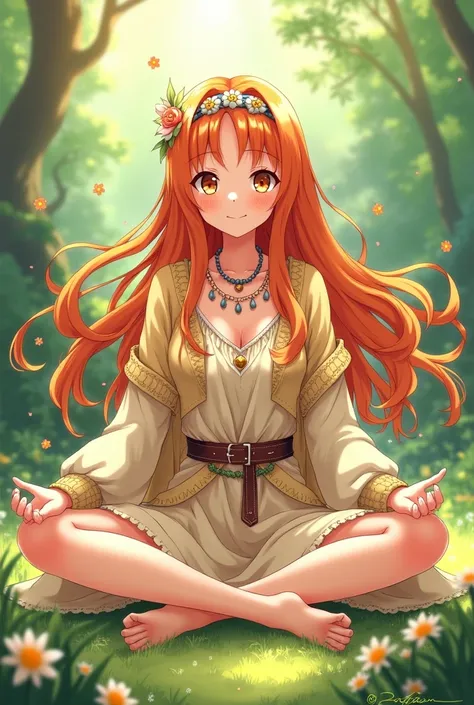 Anime Asuna Yuuki with orange hair that is open she wears a hippie headband she wears a hippie dress with belt a hippie knit jacket she meditates she has orange eyes she smiles