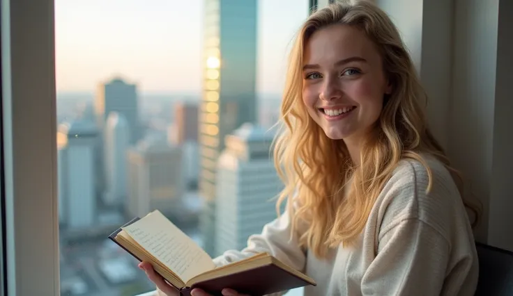 A young woman, mid-20s, fair skin, blonde wavy hair, and blue eyes, sitting by a window with a radiant smile. Outside, a vibrant cityscape reflects growth and optimism. She holds a journal with handwritten notes, representing personal transformation and jo...