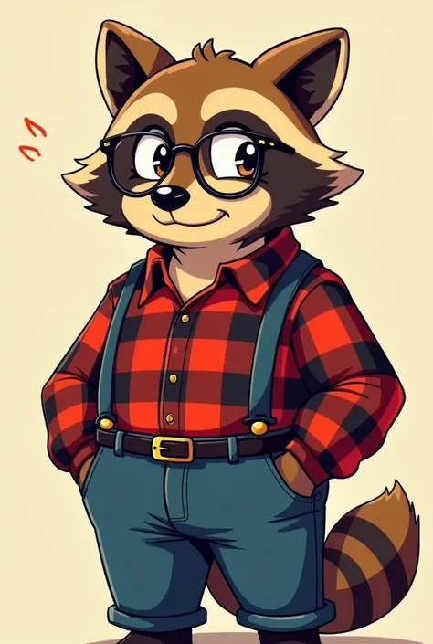 generate me an anthropomorphic man with the appearance of a raccoon he also has glasses but he must also be fat and dressed in a red and black checkered shirt with suspenders and blue jeans and with a shy and awkward expression with a face all red with shy...