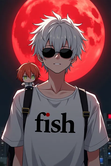  The image depicts an anime character stylized ,  with an impactful look full of personality .  He has messy white hair ,  that fall on his face in a stylish way ,  combined with the use of dark glasses , , which gives a mysterious and confident look ,  ty...