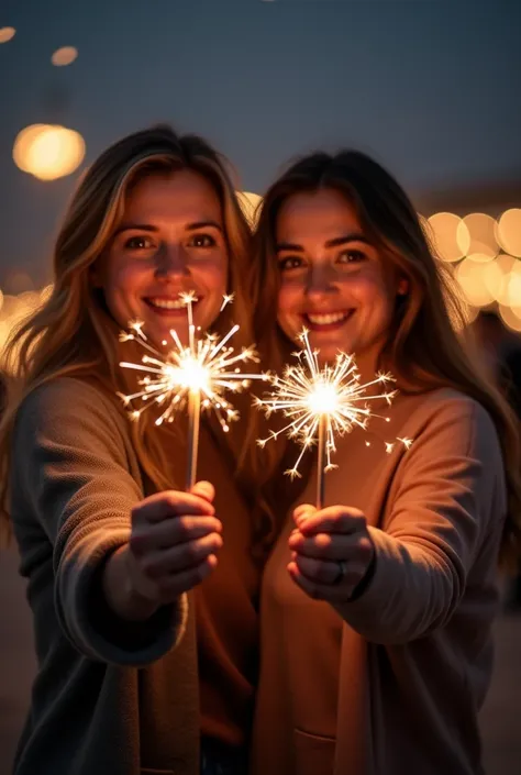 Realistic photo of a couple with sparks of flares in their hands
In the New Year looking in front of the spectator
