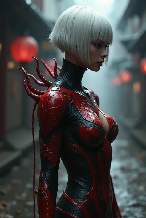 (Carnage), ((perfect anatomy:1.2,realistic:1.3,RAW Photography:1.3,masterpiece、highest quality、Ultra - High resolution、High resolution、Highly detailed CG、8K)),((best quality)), small breasts, round breasts, prominent collarbones, skinny arms, flat stomach,...