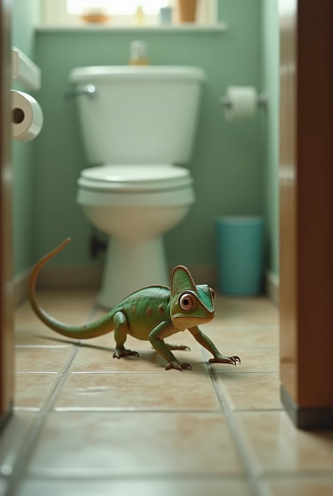 Chameleon walking to a toilet