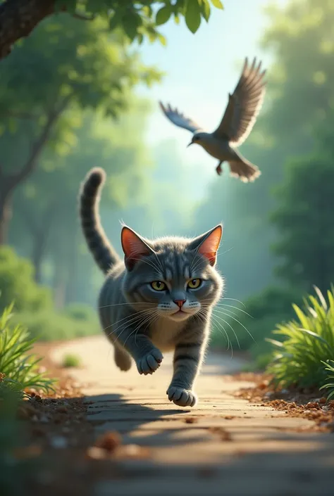 Grey cat running towards flying bird. Maybe in the middle of the track, tired and fallen from a tree branch .