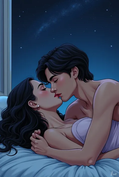  Realistic drawing of a young woman with long wavy black hair lying on the chest of a young man with short wavy dark hair. Both lie naked on a bed under a window with the starry night sky in the background  