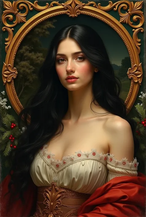 detailed portrait of Venus, Botticelli style tempera painting, long black hair, Christmas themed, photorealistic, intricate details, dramatic chiaroscuro lighting, warm color palette, highly detailed facial features, elegant pose, ornate baroque frame