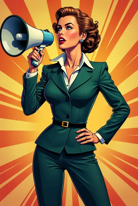 a woman in the power of the 50s, she holds a megaphone in her hand, raised to her mouth, an image in the style of a pop art comic