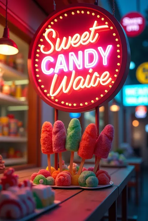  A luminous sign for a candy store, Where there are gummies , popsicles,  candies that say SWEET WORLD  