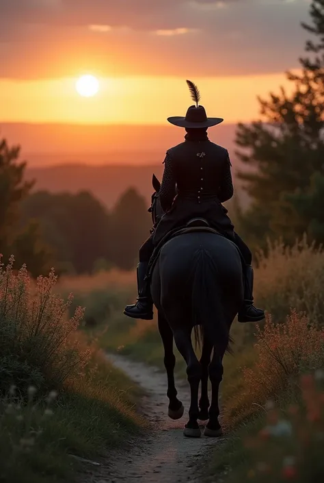  At a perfect twilight ,  we see a knight in black clothes . black hat with a white feather . riding a black horse.  on the edge of a dirt track .  the vegetation surrounding the scene is green and flowery.  the landscape is beautiful ,  according to your ...