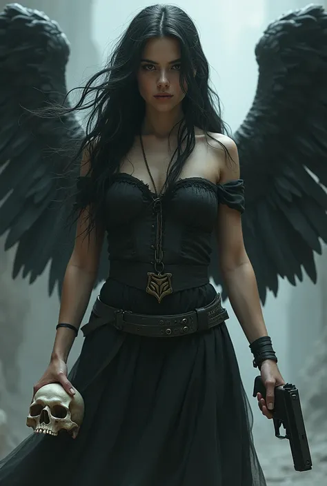 full body image of a girl with long black hair standing with angel wings holding a gun in one hand and a skull in the other.