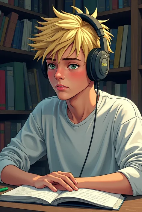 Graphic novel athletic fit teen boy blond caucasian  Dren Bierce aka Imoressive Lax (((sleep deprived))), ((Periorbital edema, dark baggy eyes)), (head turned and (distant stare)), flush face, sunken eyes, dark circles, tired and exhausted, ((droopy mouth)...