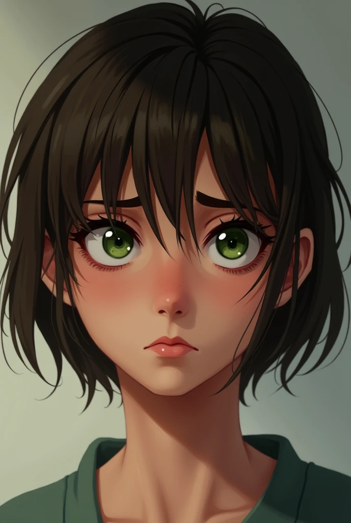 Brunette  teenager, Short hair green eyes the annoyed look 