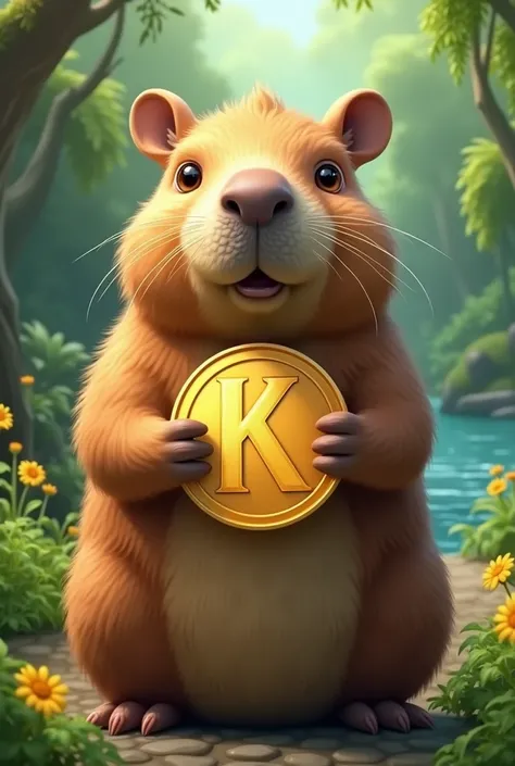 Kapibara holding her cryptocurrency with the initial k