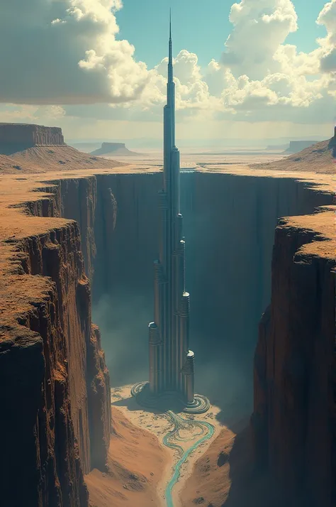 An illustration of the hole in perspective ,  with its depth visually represented compared to 14 times the height of the Burj Khalifa."
