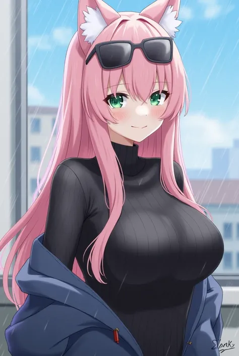 1girl, rain, breasts, looking at viewer, eyewear on head, long hair, solo, bangs, inside, sunglasses, black sweater, long sleeves, coat, pink hair, cleavage, jacket, smile, hair between eyes, blue sky, blurry, green eyes, milf, busty, super large breasts, ...