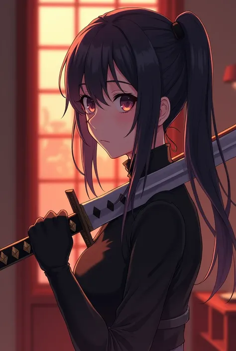 a close up of a person holding a sword in a room, an anime drawing inspired by Li Shida, trending on pixiv, shin hanga, ayaka genshin impact, ayaka game genshin impact, keqing from genshin impact, katana zero video game character, holding a sword on her sh...