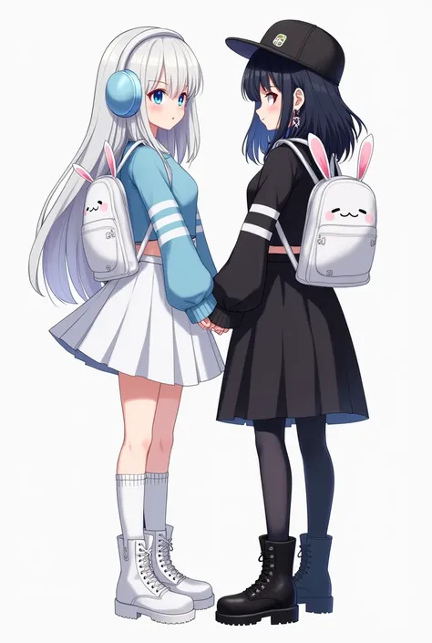  Create an image of two friends standing side by side posing . The first has long white hair ,  Blue Eyes, wears white boots , White skirt, cropped baby blue ,  baby blue arm warmers with white stripes ,  white rabbit-shaped backpack and a blue kawaii cat ...