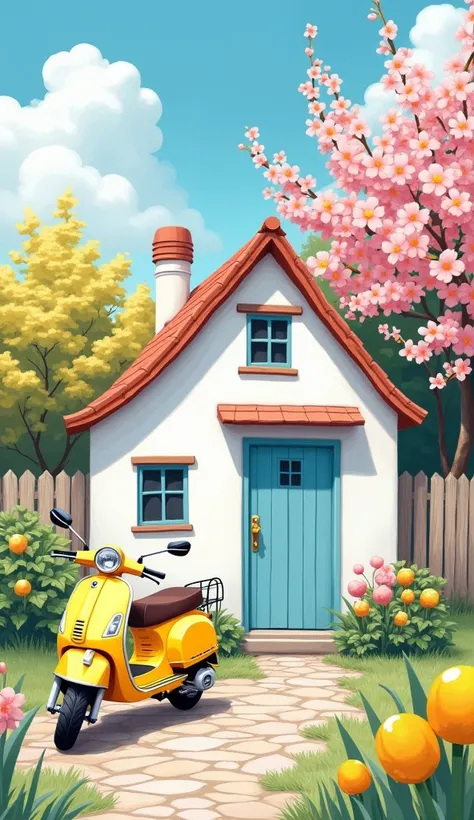 Soft sketch Illustrate a charming, sunny cottage scene with a quaint, pastel-colored house surrounded by blooming flowers in shades of pink and yellow. A wooden door in soft blue contrasts with the white walls, while a classic yellow scooter rests on a cob...