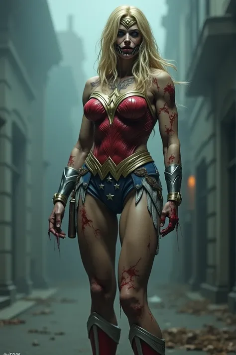 Muscular wonder woman with her blond hair wearing a Santa Claus costume turned into a zombie
On the chest name written GUI7306 