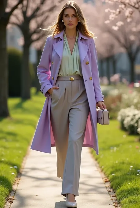 For March’s high-end elegant street fashion, the look combines freshness and sophistication, capturing the transition from winter to spring. The model wears a tailored, light lavender or soft pastel purple trench coat, made from a luxurious, lightweight wo...